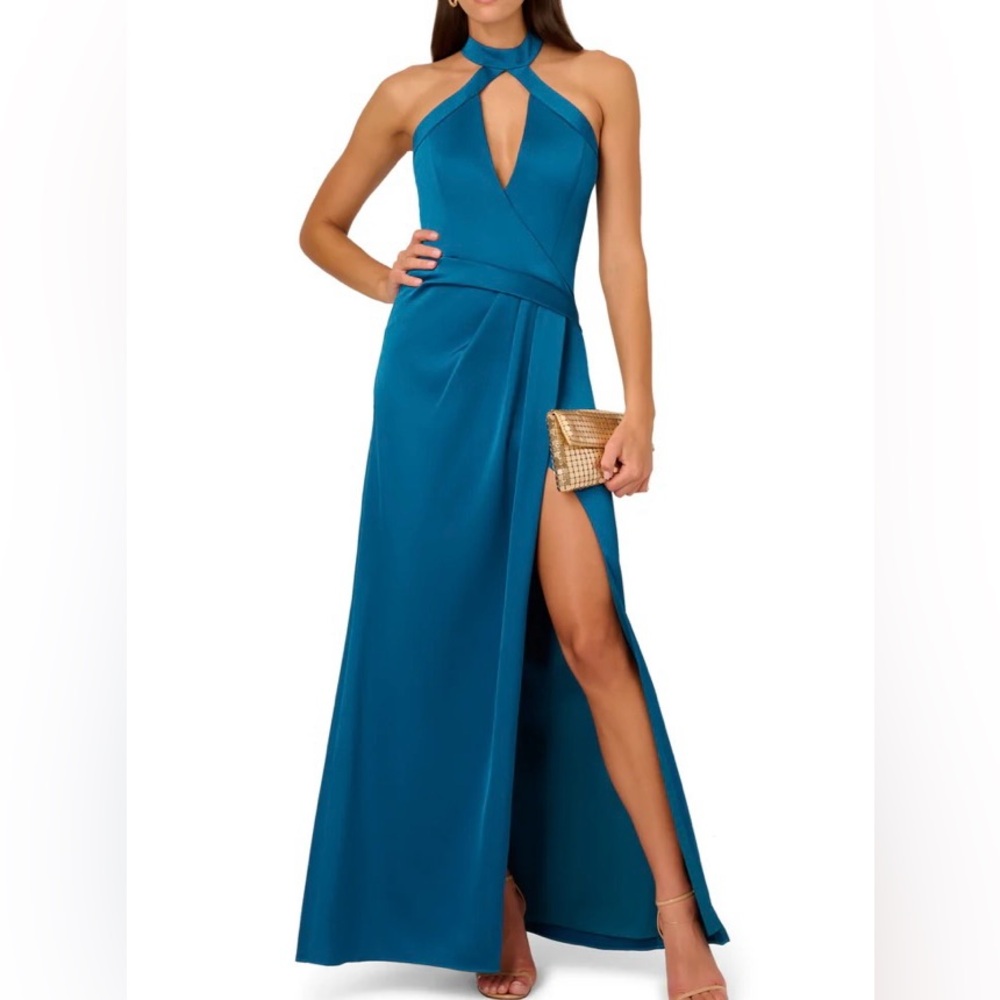 Liv Foster NWT Draped Satin Cutout Halterneck Gown in Peacock